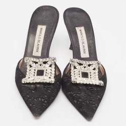 Pre Owned Manolo Blahnik Black Lace and Mesh Crystal Borli Mules Size 38
