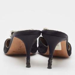 Pre Owned Manolo Blahnik Black Lace and Mesh Crystal Borli Mules Size 38