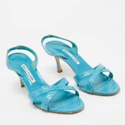 Pre Owned Manolo Blahnik Blue Python Slingback Sandals Size 39.5
