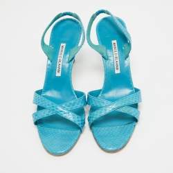 Pre Owned Manolo Blahnik Blue Python Slingback Sandals Size 39.5