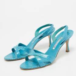 Pre Owned Manolo Blahnik Blue Python Slingback Sandals Size 39.5
