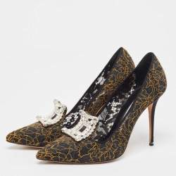 Pre Owned Manolo Blahnik Gold/Black Lace and Mesh Borlak Pumps Size 38