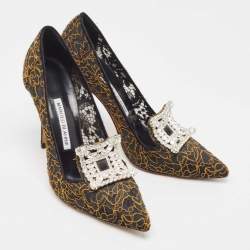 Pre Owned Manolo Blahnik Gold/Black Lace and Mesh Borlak Pumps Size 38