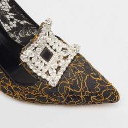 Pre Owned Manolo Blahnik Gold/Black Lace and Mesh Borlak Pumps Size 38