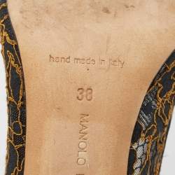 Pre Owned Manolo Blahnik Gold/Black Lace and Mesh Borlak Pumps Size 38