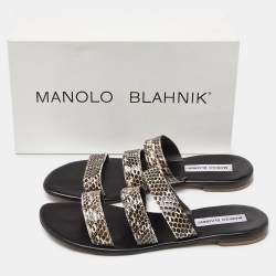 Manolo Blahnik Beige/Brown Python Leather Strappy Flat Sandals Size 40