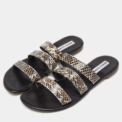 Manolo Blahnik Beige/Brown Python Leather Strappy Flat Sandals Size 40