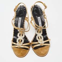 Manolo Blahnik Gold Embossed Leather Ankle Strap Sandals Size 39.5