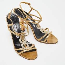 Manolo Blahnik Gold Embossed Leather Ankle Strap Sandals Size 39.5