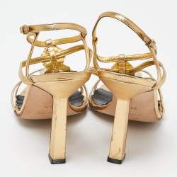 Manolo Blahnik Gold Embossed Leather Ankle Strap Sandals Size 39.5