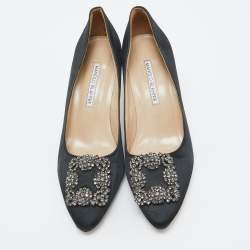 Pre Owned Manolo Blahnik Black Satin Hangisi Pumps Size 39