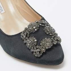 Pre Owned Manolo Blahnik Black Satin Hangisi Pumps Size 39