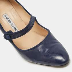 Pre Owned Manolo Blahnik Navy Blue Patent Leather Mary Jane Pumps Size 38