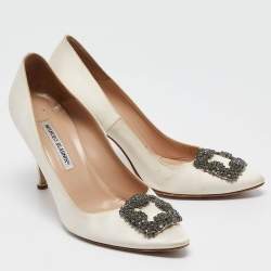 Pre Owned Manolo Blahnik White Satin Hangisi Pumps Size 40