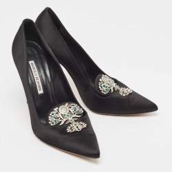 Pre Owned Manolo Blahnik Black Satin Crystal Embellished Pumps Size 39