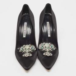 Pre Owned Manolo Blahnik Black Satin Crystal Embellished Pumps Size 39