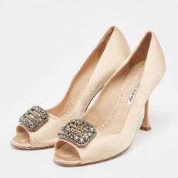 Pre Owned Manolo Blahnik Beige Satin Crystal Embellished Peep Toe Pumps Size 41