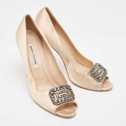 Pre Owned Manolo Blahnik Beige Satin Crystal Embellished Peep Toe Pumps Size 41