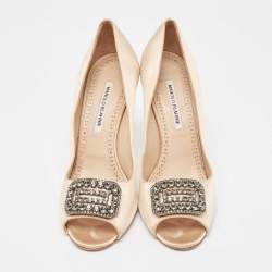 Pre Owned Manolo Blahnik Beige Satin Crystal Embellished Peep Toe Pumps Size 41
