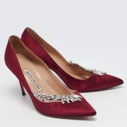Pre Owned Manolo Blahnik Burgundy Satin Nadira Pumps Size 39