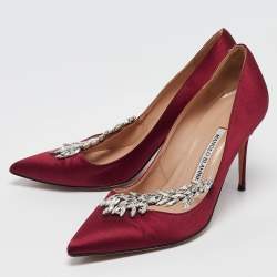 Pre Owned Manolo Blahnik Burgundy Satin Nadira Pumps Size 39