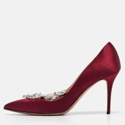 Pre Owned Manolo Blahnik Burgundy Satin Nadira Pumps Size 39