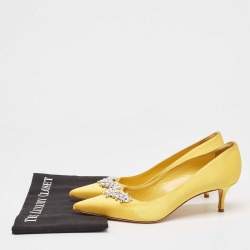 Manolo Blahnik Yellow Satin Lurum Crystal Embellished Pointed Toe Pumps Size 41