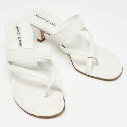 Pre Owned Manolo Blahnik White Leather Susa Slide Sandals Size 38