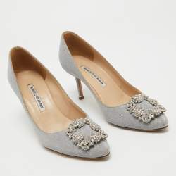 Pre Owned Manolo Blahnik Silver Glitter Hangisi Pumps Size 37.5