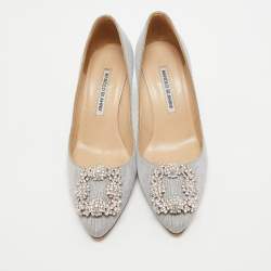 Pre Owned Manolo Blahnik Silver Glitter Hangisi Pumps Size 37.5