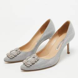 Pre Owned Manolo Blahnik Silver Glitter Hangisi Pumps Size 37.5
