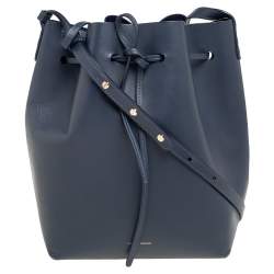 Pre Owned Mansur Gavriel Navy Blue Leather Drawstring Bucket Bag