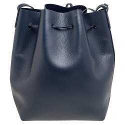 Pre Owned Mansur Gavriel Navy Blue Leather Drawstring Bucket Bag
