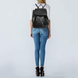 Mansur Gavriel Black Leather Drawstring Flap Backpack