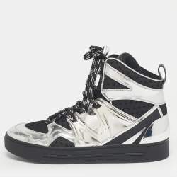 Pre Owned Marc by Marc Jacobs Silver/Black Leather and Fabric High Top Sneakers Size 36
