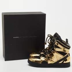 Pre Owned Marc by Marc Jacobs Gold/Black Leather and Fabric High Top Sneakers Size 37 