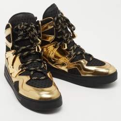 Pre Owned Marc by Marc Jacobs Gold/Black Leather and Fabric High Top Sneakers Size 37 