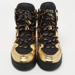 Pre Owned Marc by Marc Jacobs Gold/Black Leather and Fabric High Top Sneakers Size 37 