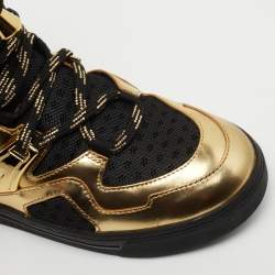Pre Owned Marc by Marc Jacobs Gold/Black Leather and Fabric High Top Sneakers Size 37 