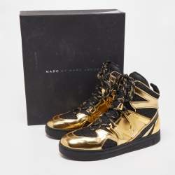Pre Owned Marc Jacobs Black/Gold Leather and Mesh High Top Sneakers Size 38
