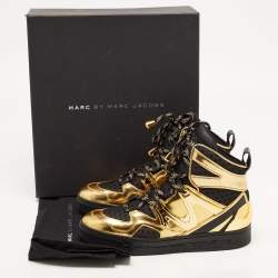 Pre Owned Marc by Marc Jacobs Gold/Black Leather and Mesh High Top Sneakers Size 36
