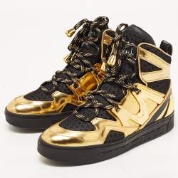 Pre Owned Marc by Marc Jacobs Gold/Black Leather and Mesh High Top Sneakers Size 36