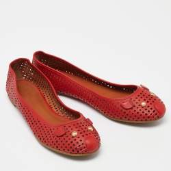 Pre Owned Marc by Marc Jacobs Red Laser Cut Out Leather Ballet Flats Size 39
