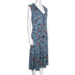Pre Owned Marc by Marc Jacobs Teal Blue Floral Printed Modal Ruffle Detail Dress L