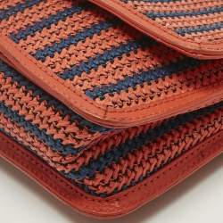Pre Owned Marc by Marc Jacobs Red/Blue Woven Straw and Leather Flap Shoulder Bag