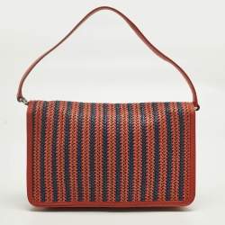 Pre Owned Marc by Marc Jacobs Red/Blue Woven Straw and Leather Flap Shoulder Bag