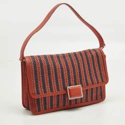 Pre Owned Marc by Marc Jacobs Red/Blue Woven Straw and Leather Flap Shoulder Bag
