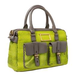 Pre Owned Marc by Marc Jacobs Neon Green/Grey Patent Leather and Nylon Werdie Satchel