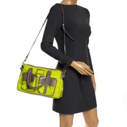 Pre Owned Marc by Marc Jacobs Neon Green/Grey Patent Leather and Nylon Werdie Satchel