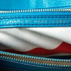 Pre Owned Marc by Marc Jacobs Two Tone Blue Raffia and Leather Turnlock Flap Shoulder Bag